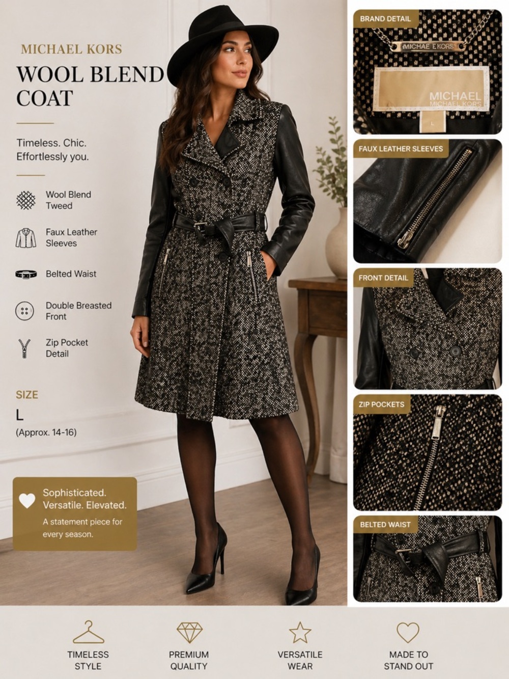 Michael Kors Black & Gray Wool Blend Trench Coat with Faux Leather Sleeves